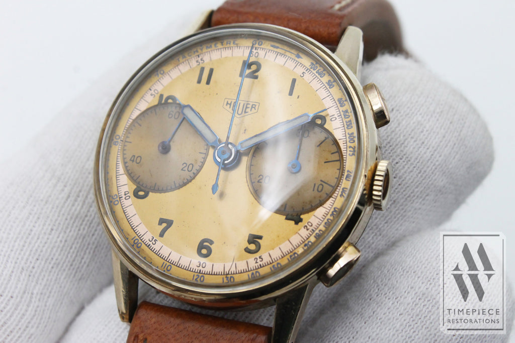 Heuer Large Dial Big Eye Chronograph Wristwatch - Valjoux Cal. 22 With Gold Plated Case
